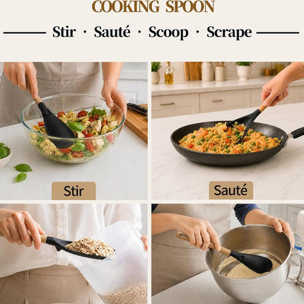 2 Pack Silicone Cooking Spoon with Wooden Handle, Heat Resistant Nonstick Safe