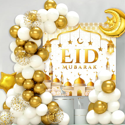 70 PCS Eid Mubarak Decorations – White & Gold Balloons, Moon & Star Foil