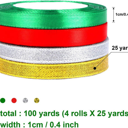 4 Rolls Christmas Ribbons – 100 Yards Metallic Glitter Satin Ribbons 10mm
