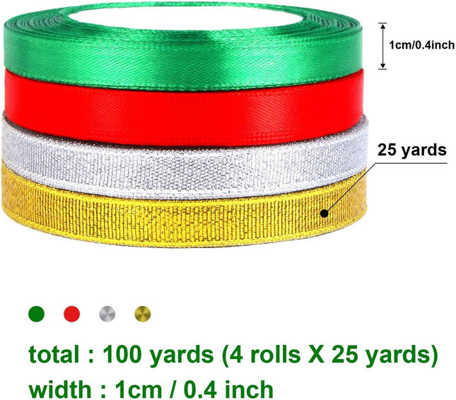 4 Rolls Christmas Ribbons – 100 Yards Metallic Glitter Satin Ribbons 10mm