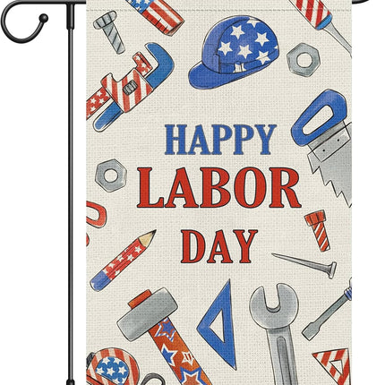 Happy Labor Day Garden Flag 12x18 Double Sided Burlap Tools USA Flag Only