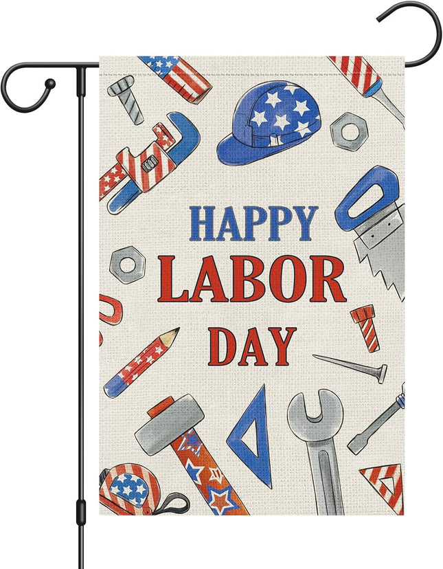 Happy Labor Day Garden Flag 12x18 Double Sided Burlap Tools USA Flag Only