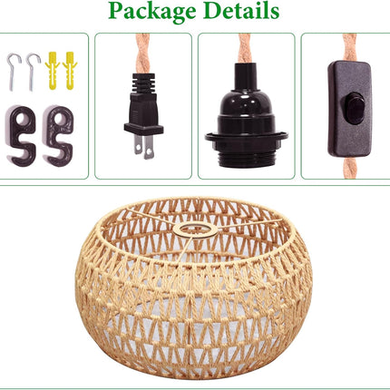 Plug In Rattan Pendant Light Woven Shade 14.8Ft Cord E26 E27 Hanging Lamp with Switch