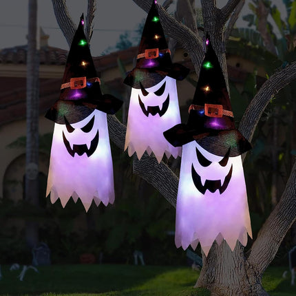 3-Piece Large Lighted Halloween Ghost & Witch Hat Hanging Decor for Yard & Garden