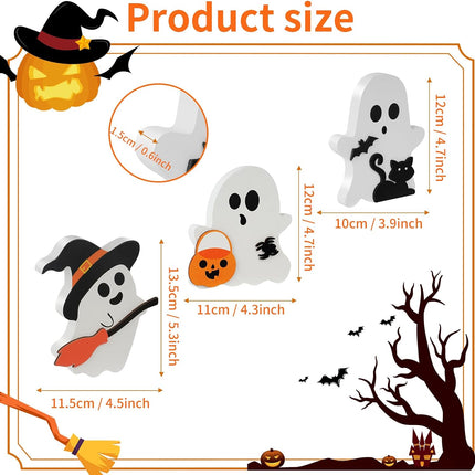 3-Piece Halloween Wooden Table Decor, Ghost, Black Cat, Bat & Witch Broom Signs