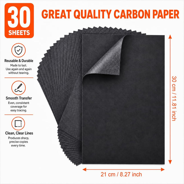 30 Pcs Black Carbon Paper for Tracing, A4 Graphite Transfer Sheets for Art and Crafts