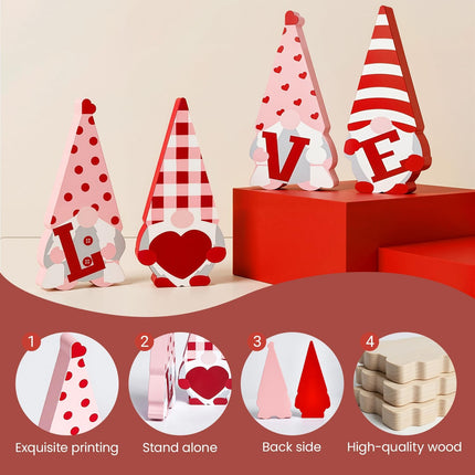 Valentine’s Day Wooden Gnome Sign Set: 4 Pcs Red & Pink Tiered Tray Decor