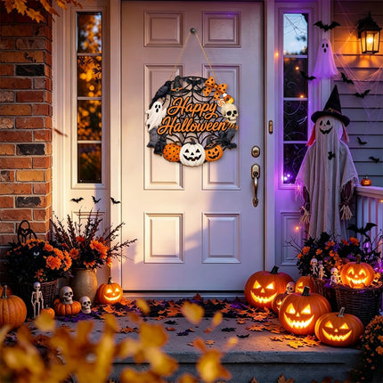 12x12in Halloween Wooden Wreath, Ghost Pumpkin Black Cat Happy Halloween Door Decor