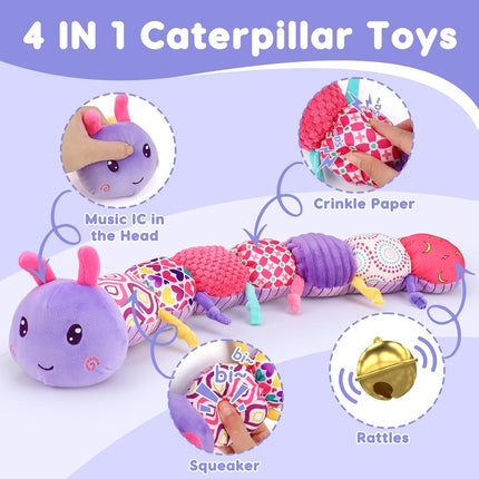 Baby Musical Caterpillar Plush Toy, Crinkle Rattle Sensory Toy 0-12M