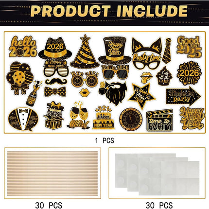 30-Piece Happy New Year 2026 Photo Booth Props – NYE Party Favors