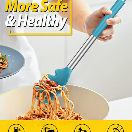 Blue Silicone Pasta Fork & Ladle Set Non Stick Kitchen Cooking Serving Tools