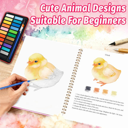 Watercolor Workbook for Beginners – 24 Colors, Animal Painting Kit