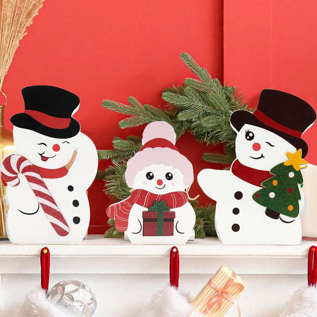 3 PCS Cute Wooden Snowman Decorations – Christmas Decor for Tiered Trays & Tabletop Displays