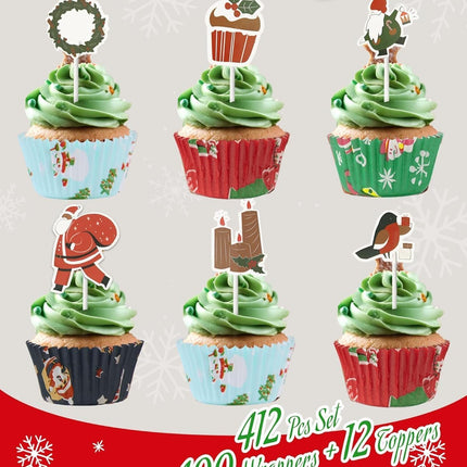 400PCS Christmas Cupcake Liners with 12PCS Toppers – Holiday Baking Set