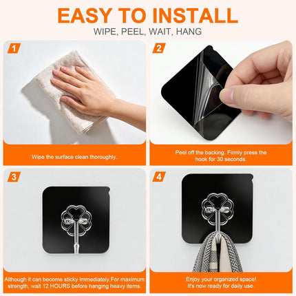 8-Pack Heavy Duty Adhesive Hooks – 50lb Max, Black, Removable & Waterproof