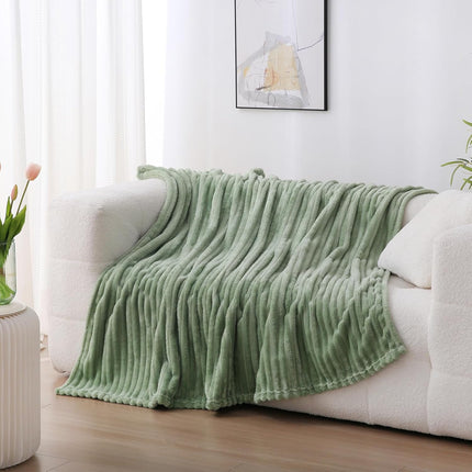 Sage Green Fleece Throw Blanket 50×60 – Soft Plush Microfiber, Striped
