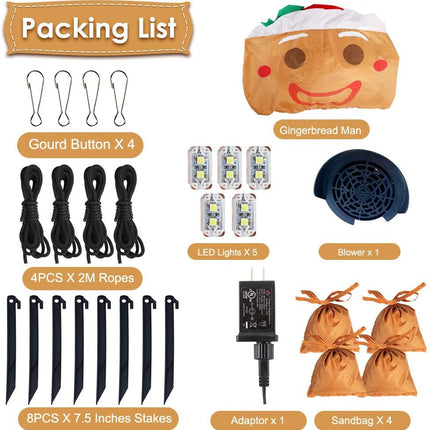 8ft Inflatable Gingerbread Man with Built-in LEDs, Outdoor Christmas Yard Decor