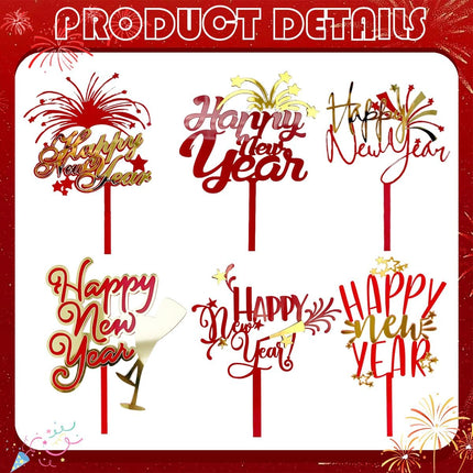 6-Piece 2026 New Year Cake Picks – Red & Gold Acrylic Party Toppers