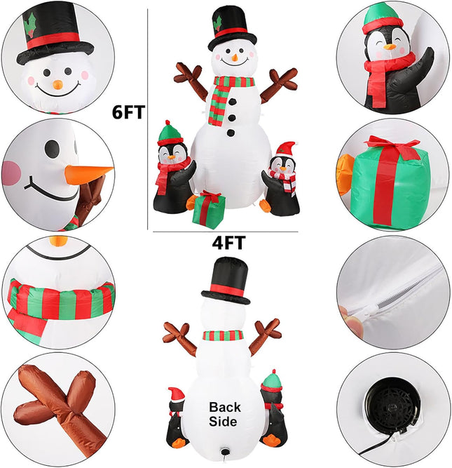 Christmas Inflatable Decorations 6FT, Cute Snowman & Penguins with LED Lights