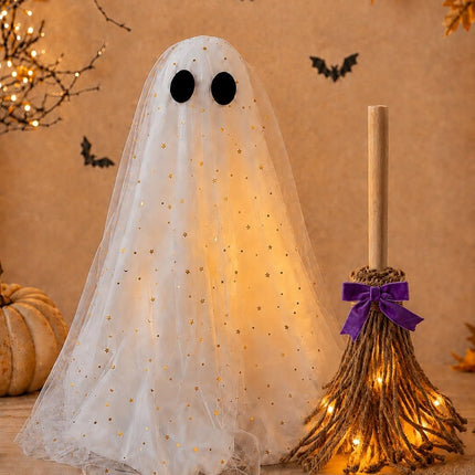 Halloween Lighted Ghost & Witch Broom Set, Fluffy DIY Decor for Mantel & Entryway