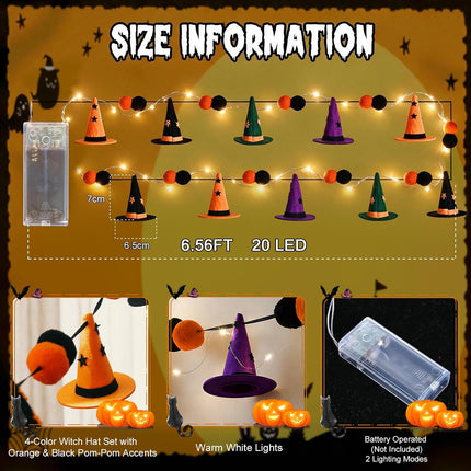 9.8FT 20LED Halloween String Lights, Witch Hat & Pom Pom, Orange Purple Green Decor