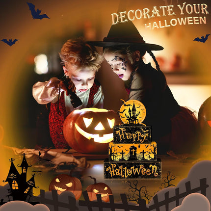 4-Piece Halloween Rustic Tiered Tray Decor Set, Wooden Full Moon Table Signs