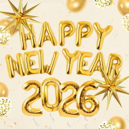 Happy New Year 2026 Balloon Set Metallic Gold Confetti & Number Balloons