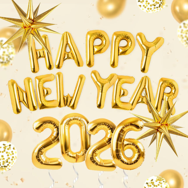 Happy New Year 2026 Balloon Set Metallic Gold Confetti & Number Balloons