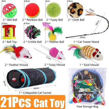 21-Piece Cat Toy Set – Tunnel, Feather Wand & Balls for Indoor Cats