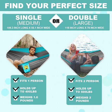 Portable Camping Hammock – Double & Single with Tree Straps & Carry Bag