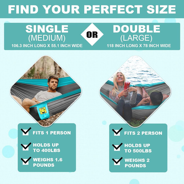Portable Camping Hammock – Double & Single with Tree Straps & Carry Bag