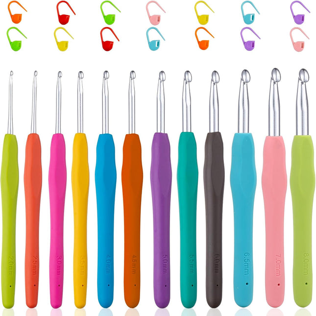 12 Sizes Ergonomic Crochet Hooks Set, 2.0-8.0mm Soft Grip Colorful Crochet Needles
