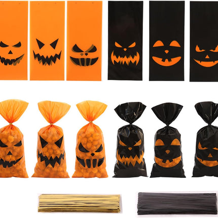 100-Pack Halloween Cellophane Candy Cookie Bags, Black Orange with Twist Ties