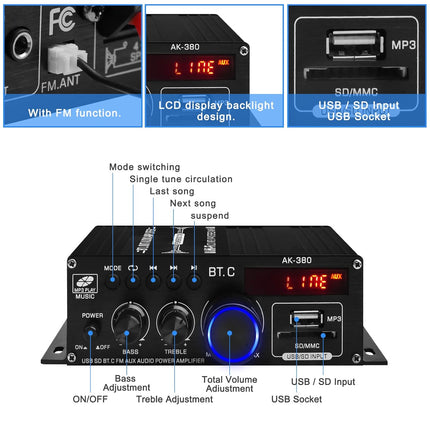 AK-380 400W+400W Bluetooth Audio Amplifier, USB/SD/FM/AUX, HiFi Stereo