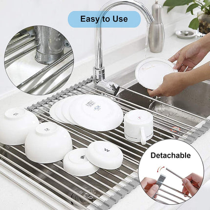 Roll Up Dish Drying Rack Over Sink Foldable Stainless Steel Kitchen Rack