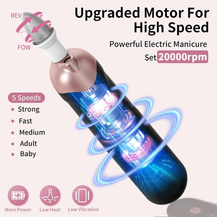 Electric Nail File 20000RPM, Cordless Toenail Grinder with LED Light, 9 Bits