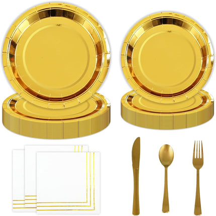 Gold Party Supplies 168pc – Disposable Plates, Cutlery & Napkins for 24
