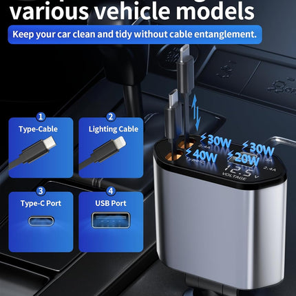 Retractable Car Charger – 4-in-1 Fast Charging for iPhone, Samsung, Pixel & More
