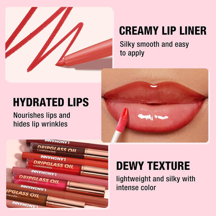 12PCS Lip Oil & Lip Liner Set Long Lasting Gloss Tinted Lip Makeup Kit