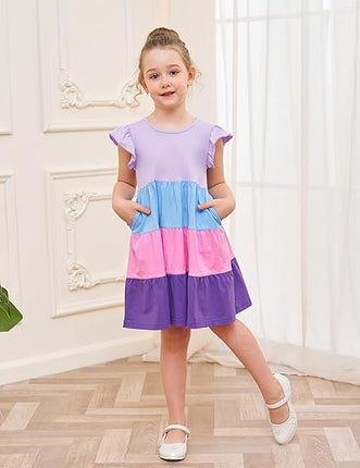 Girls Cotton Ruffle Sleeve Midi Dress A Line Tiered Casual Sundress Size 6-7 Years