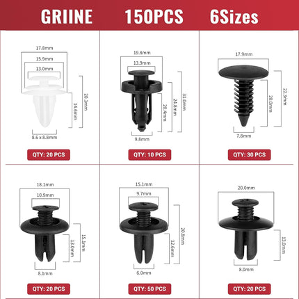 Car Plastic Rivets Clips Set – 150PCS, 6 Sizes for Bumper & Fender Fixing, Replacement