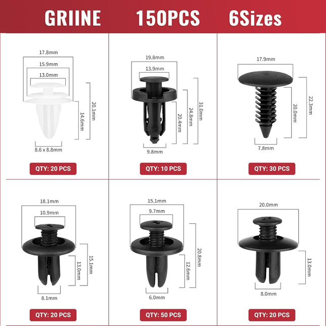 Car Plastic Rivets Clips Set – 150PCS, 6 Sizes for Bumper & Fender Fixing, Replacement
