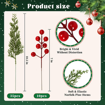 45PCS Artificial Norfolk Pine Branches with Red Berries – DIY Xmas Decor