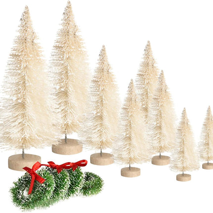 8PCS Mini Bottle Brush Christmas Trees – Frosted Sisal Trees with Wooden Bases