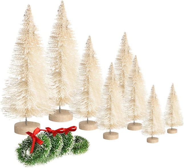 8PCS Mini Bottle Brush Christmas Trees – Frosted Sisal Trees with Wooden Bases