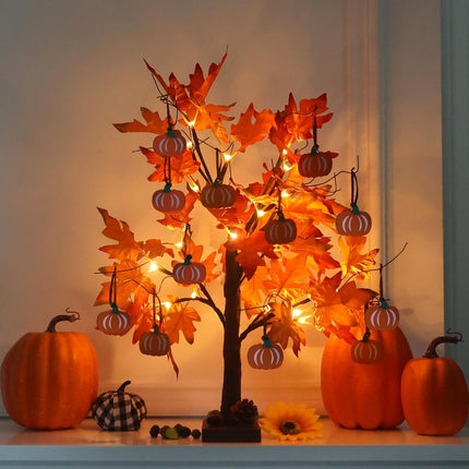 2FT Lighted Maple Leaf Tree, 24 LED Lights & 12 Wood Pumpkin Ornaments, Fall Decor