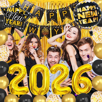 Happy New Year 2026 Party Supplies Kit – Banner, Foil & Latex Balloons