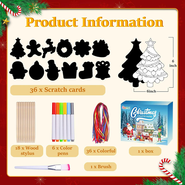 36PCS Christmas Crafts Scratch Art – Rainbow Paper Ornaments for Kids