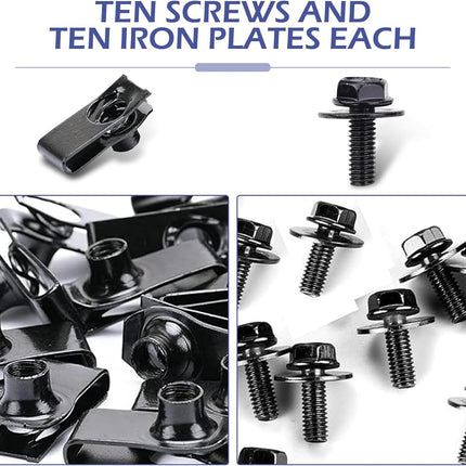 10 Sets M6-1.0 Automotive Body Bolts & U-Nut Clips, Rust-Resistant Car Fasteners