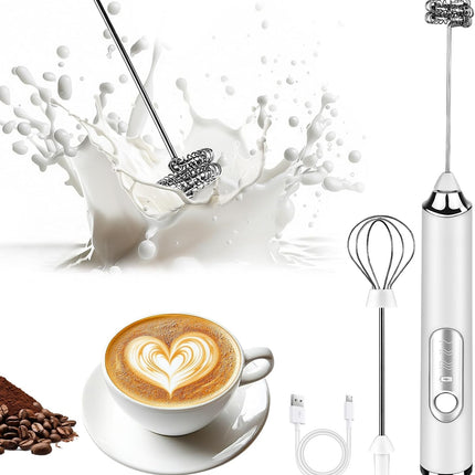 Rechargeable Milk Frother with 3 Speeds, 2 Stainless Steel Whisks, 1500mAh Battery White